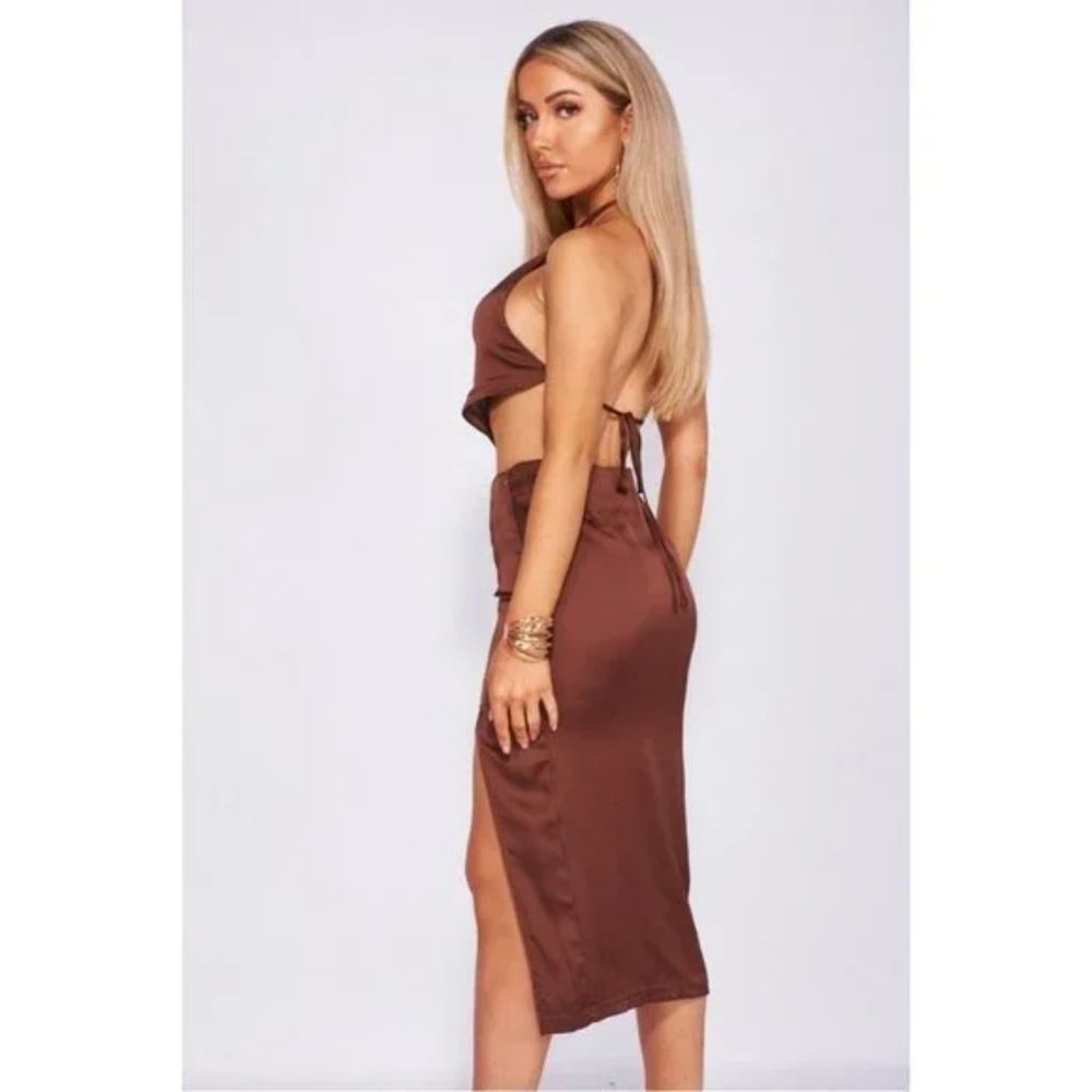 Brown Satin Halter Neck Backless Handkerchief Top and Midi Skirt Two Piece Set - Picture 10 of 13